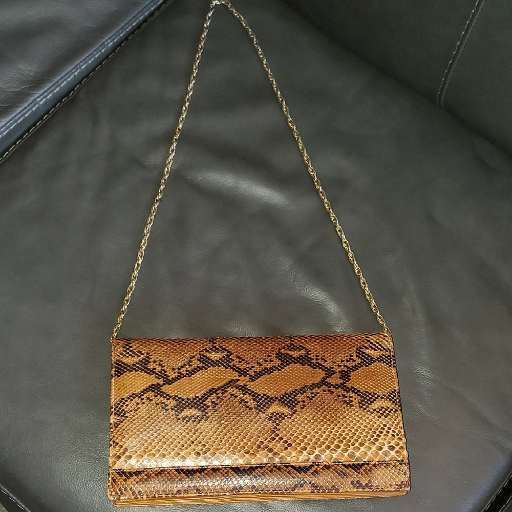 Elegant Tan Snake Print Clutch with Chain Strap